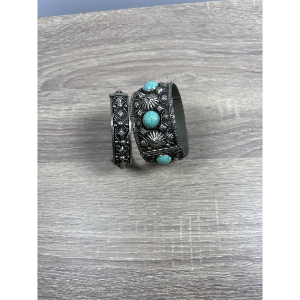 VTG Lot 2 ALP ITALY Hinged Cuff Bracelets Southwestern Faux Turquoise Silver